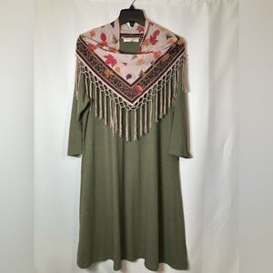 Cactus + Pearl Olive Green Dress With Attached, Removable Fall Scarf Sz L Comfy